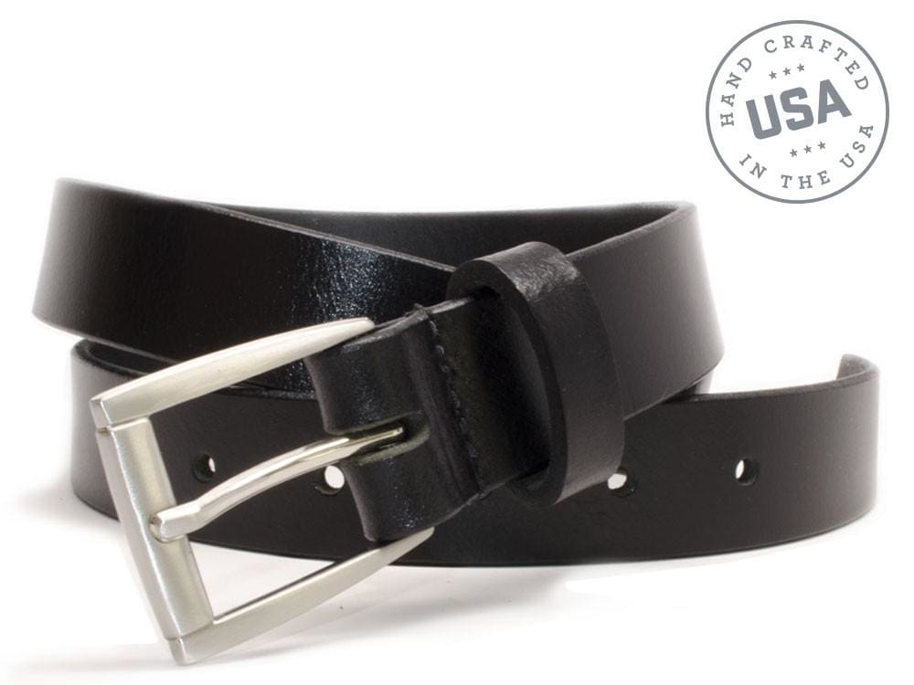 Ashe - Women's Black Belt. Handcrafted in the USA. Compact buckle is hand-stitched to strap.
