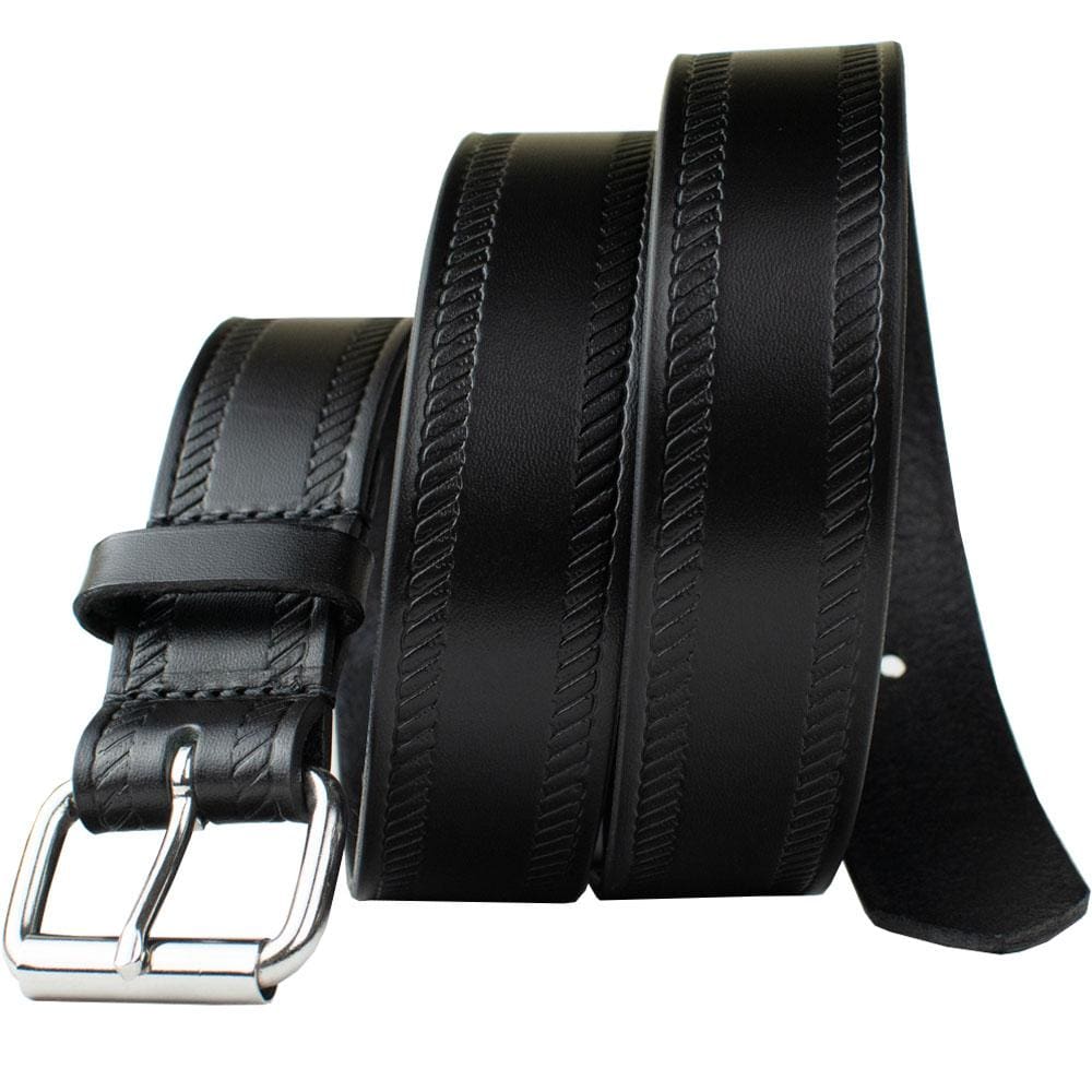 Black Rope Belt by Nickel Smart. Stainless steel buckle; glossy black strap with embossed design.