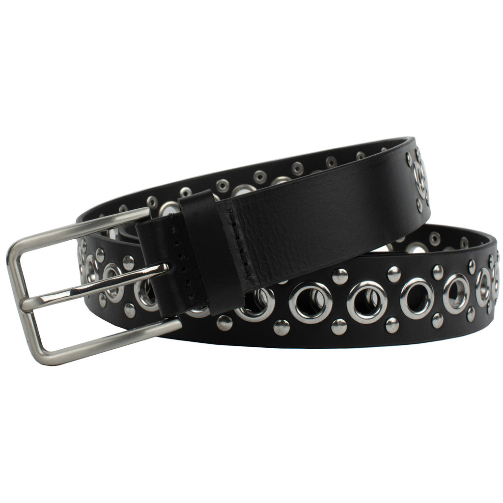 Black Studded Belt V.3. Thin rectangular buckle with single prong, made from nickel free zinc alloy.