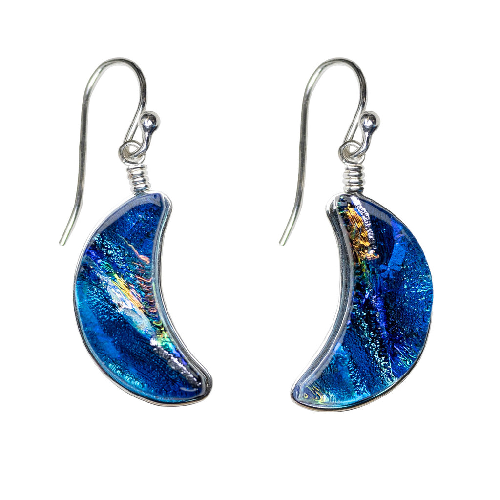 Blue Moon Dichroic Glass Earrings by Nickel Smart. Crescent shaped glass earrings in blue hues.