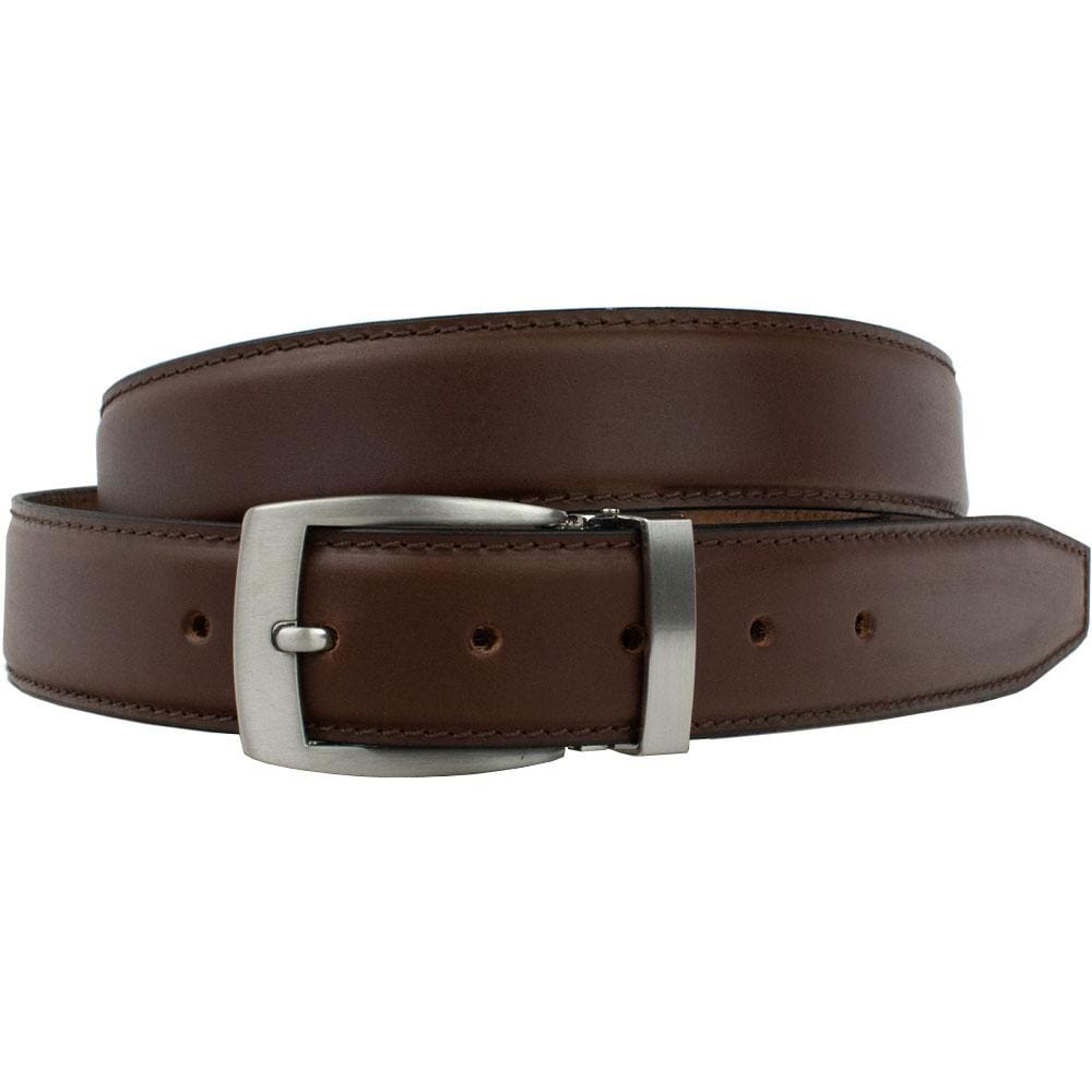 Brown Dress Belt. Brown leather strap with raised center and single stitching on the edges.