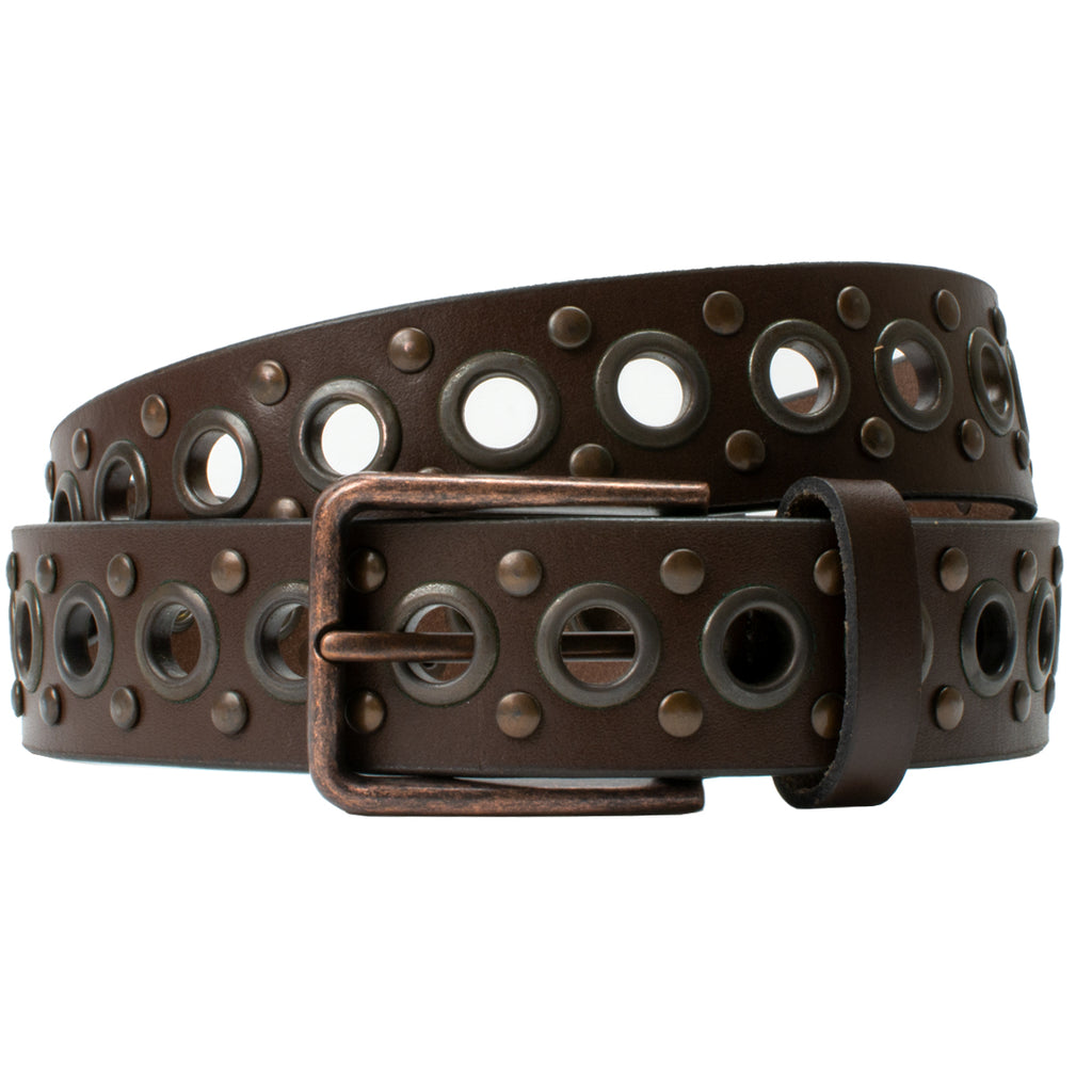 Brown Studded Belt V.3. Single pin buckle latches through repeating pattern of grommets and studs.