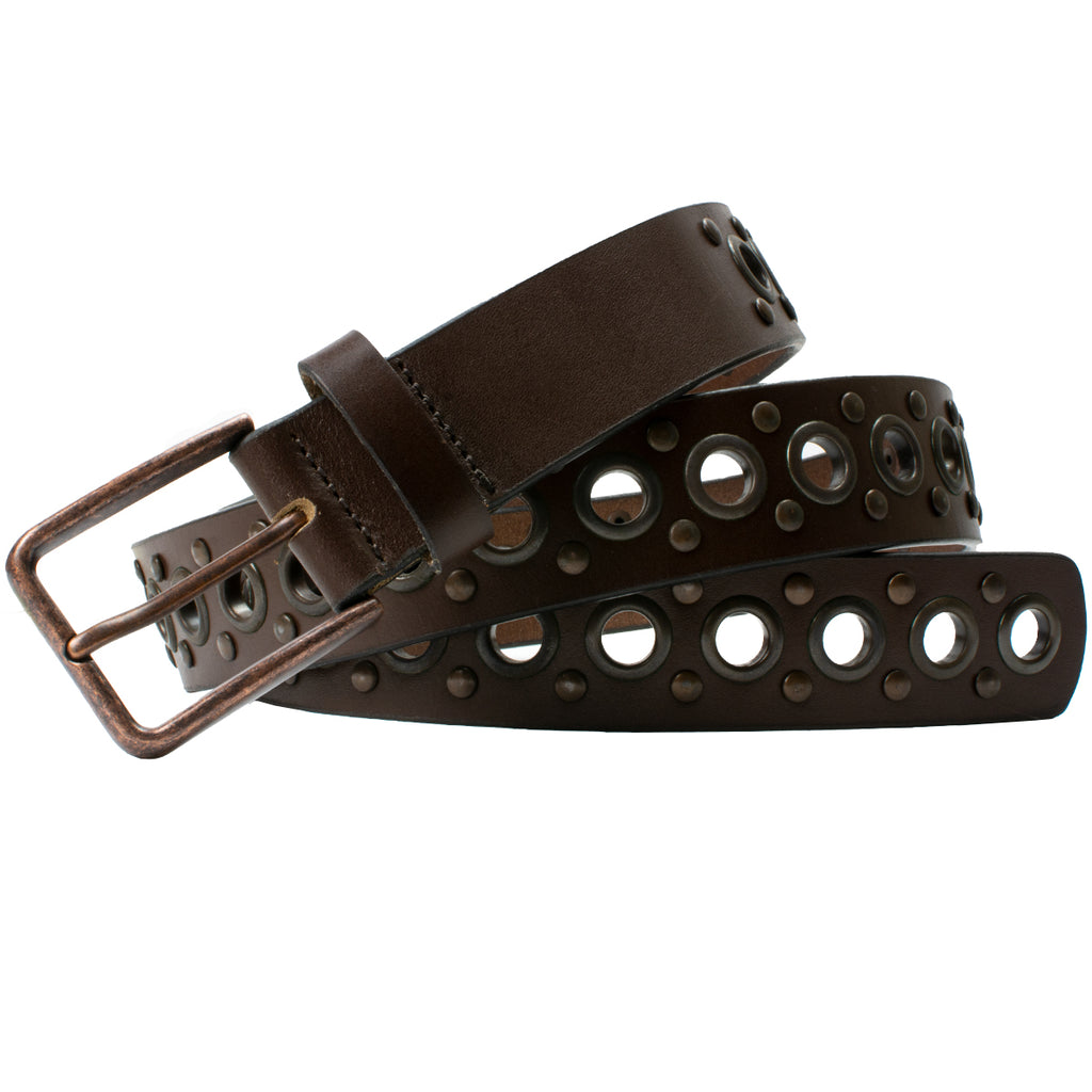 Brown Studded Belt V.3. Brown leather belt, antique grommets, studs and buckle. Full Grain leather.
