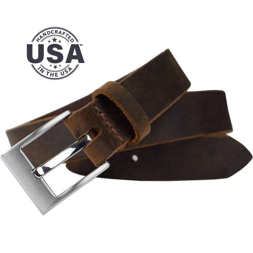 Caraway Mountain Distressed Brown Leather Belt. Handcrafted in the USA. Square zinc alloy buckle.