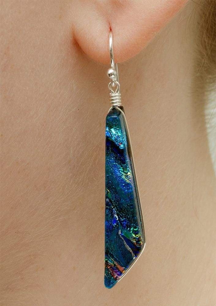 Cascades Earrings - Rainbow Blue on a model. Long glass earrings approximately 1¾" (44mm) in length.