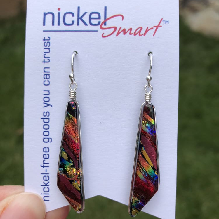 Cascades Earrings - Rainbow Red on a Nickel Smart card. Earrings are approximately 1¾" (44 mm) long.