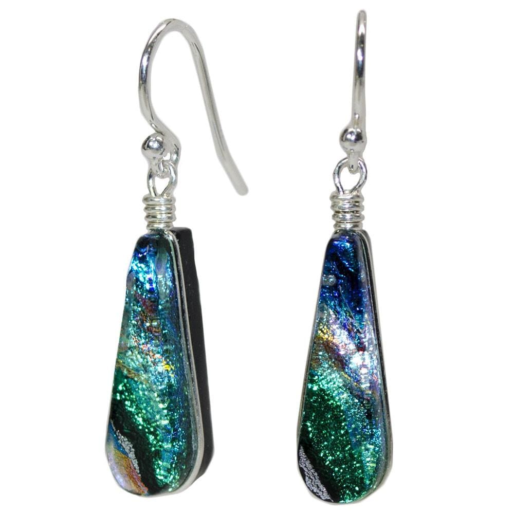Cedar Rock Falls Earrings. Teardrop-shaped glass earrings on silver-y nickel-free hook backs.
