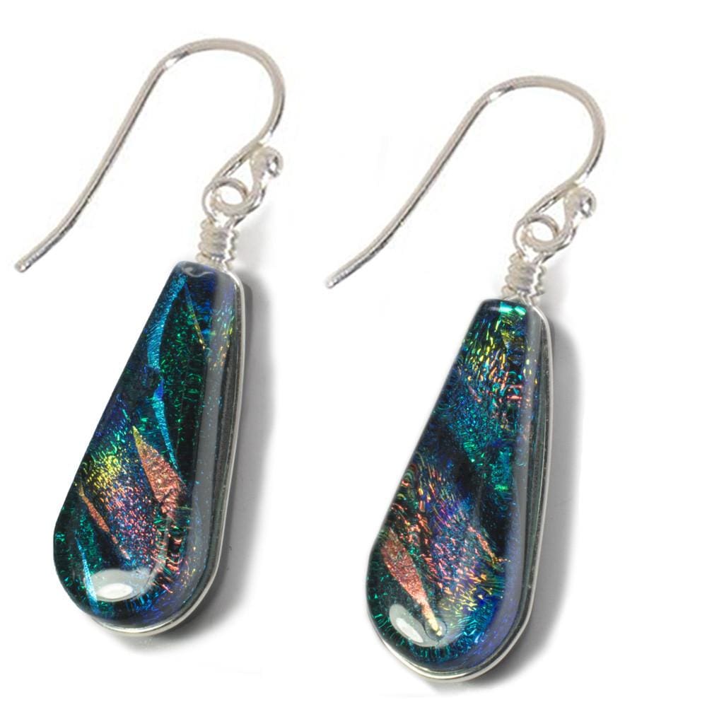 Cedar Rock Falls Earrings by Nickel Smart. Predominately teal earrings with bright rainbow accents.