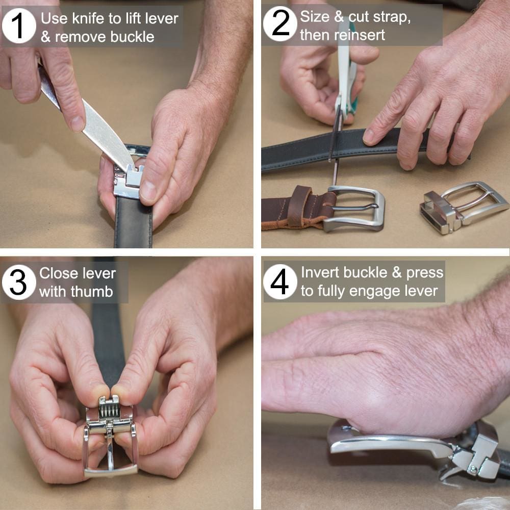 Guide for attaching buckle. Size and cut strap, insert into buckle, close lever and fully engage.