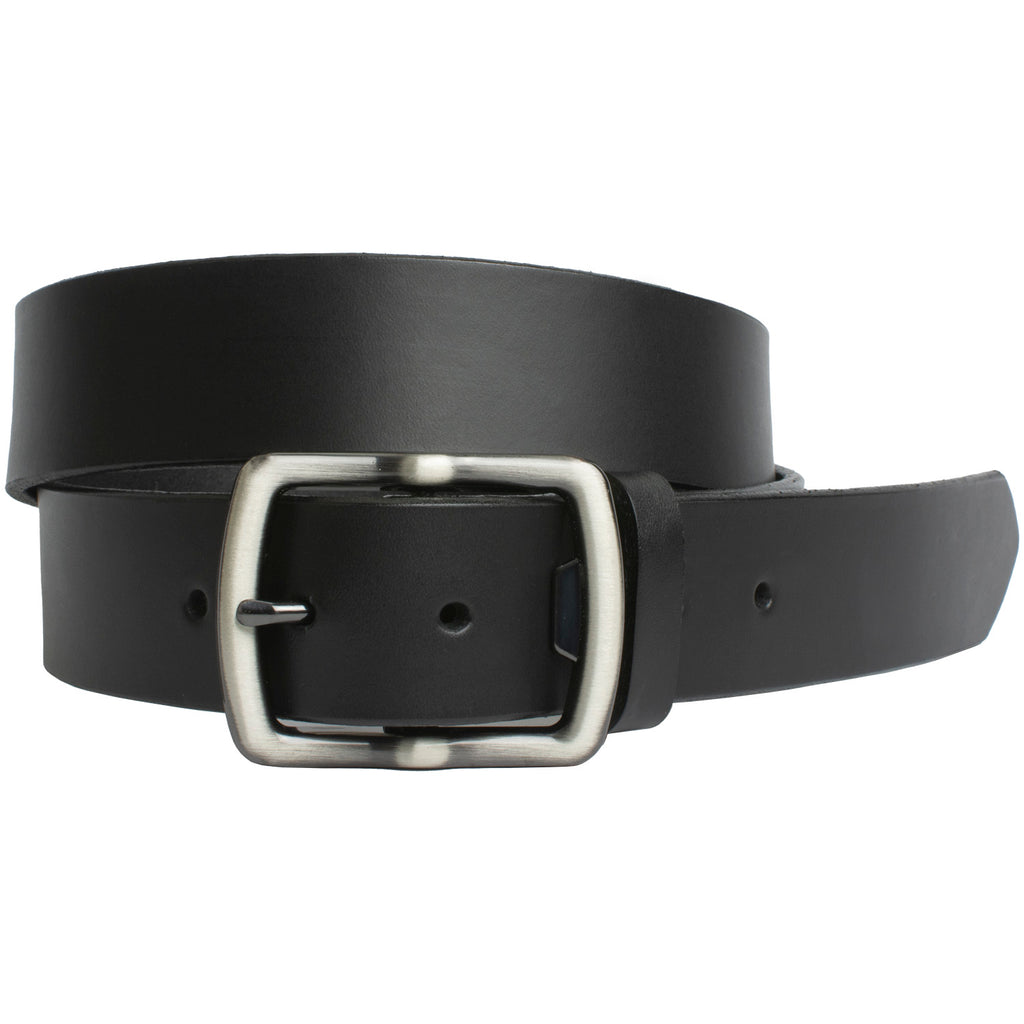 Cold Mountain Belt (Black with Gray Buckle). Silvery buckle with bottle opener feature on one end.