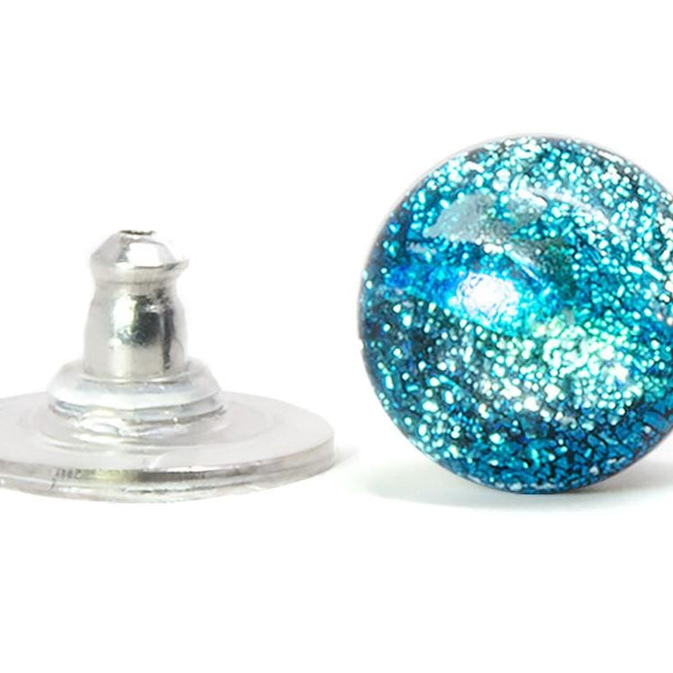 Cosmic Earrings. Sparkly blue glass front with Certified Nickel Free backing and materials.