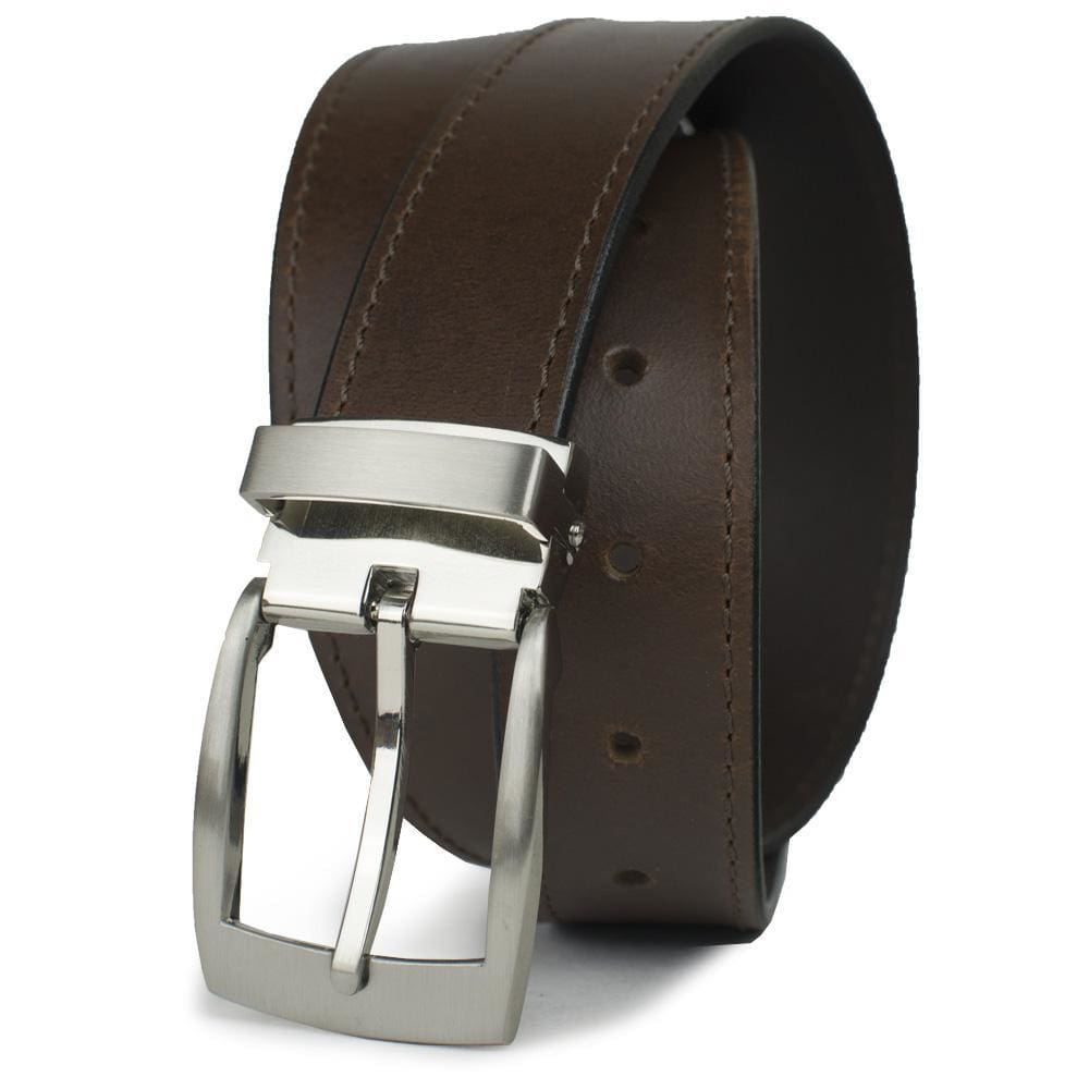 Elk Knob Brown Belt by Nickel Smart. Silver-tone buckle; dark brown strap with black edges.