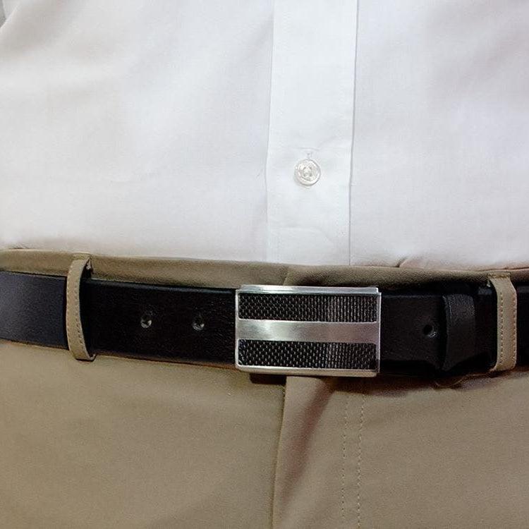Genuine Leather Belt with Titanium/Carbon Fiber Buckle on model. Dress belt, great for khakis.