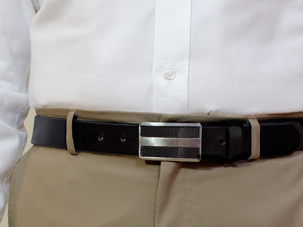 Genuine Leather Belt with Titanium/Carbon Fiber Buckle on model. Dress belt, great for khakis.
