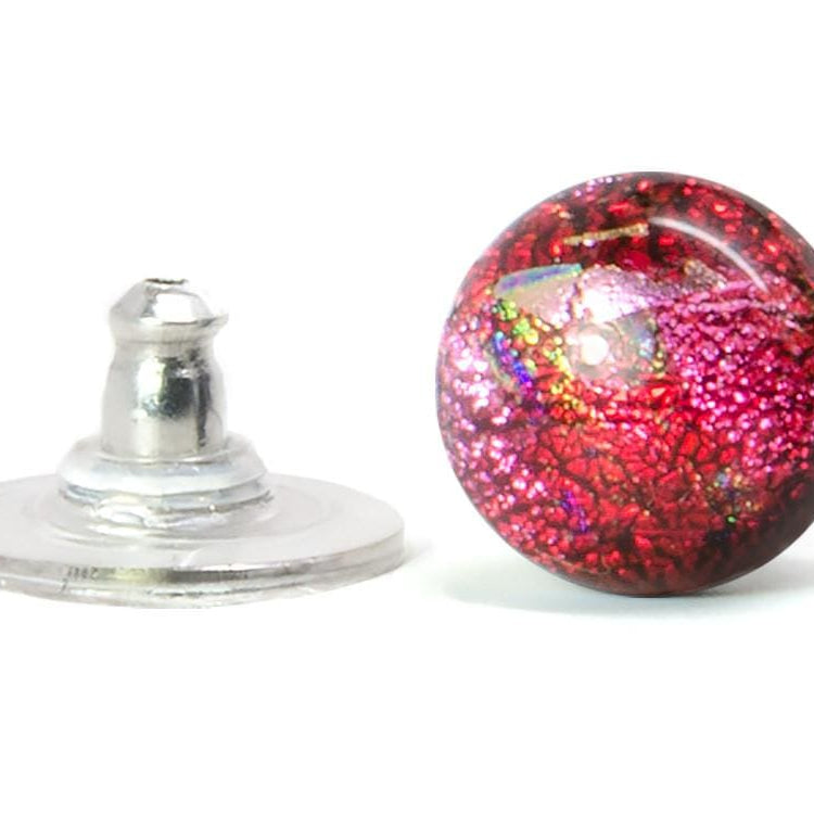 Interstellar Earrings. Earring back is large disc; front features glass in red, pink, and more.