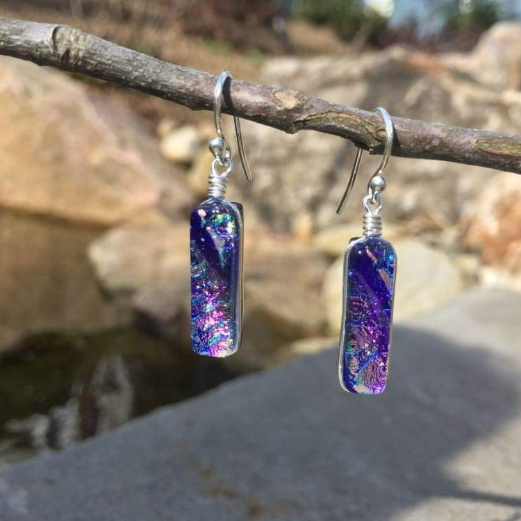 Looking Glass Falls Earrings - Lilac, outside. Light and dark purples with hints of other colors.