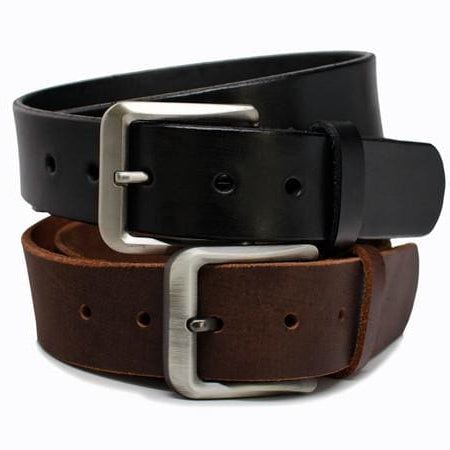 Mike's Favorite Belt Set. One casual brown belt with raw edges; one black strap belt 1.5 inches wide