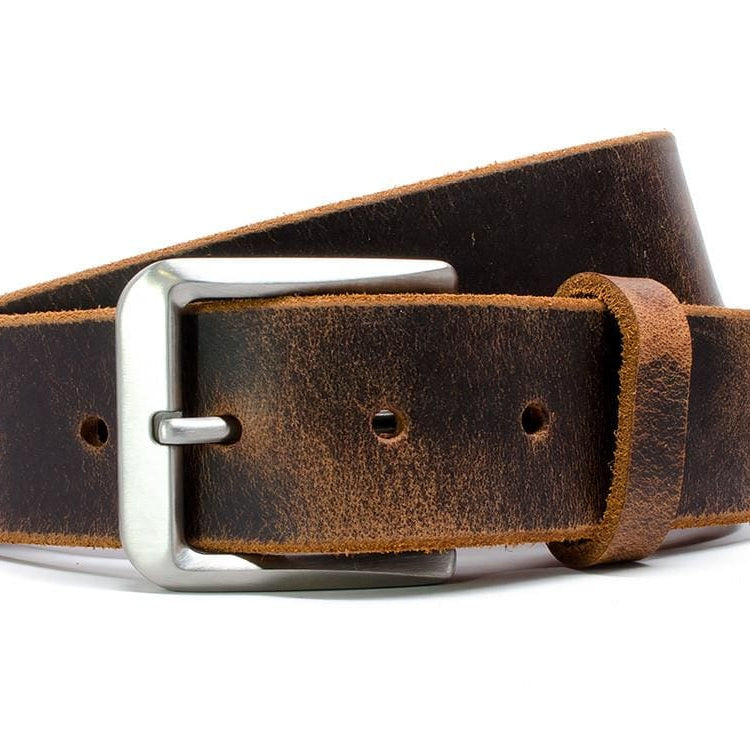 Mt. Pisgah Titanium Distressed Leather Belt. Distressed casual raw edges; silver tone buckle.