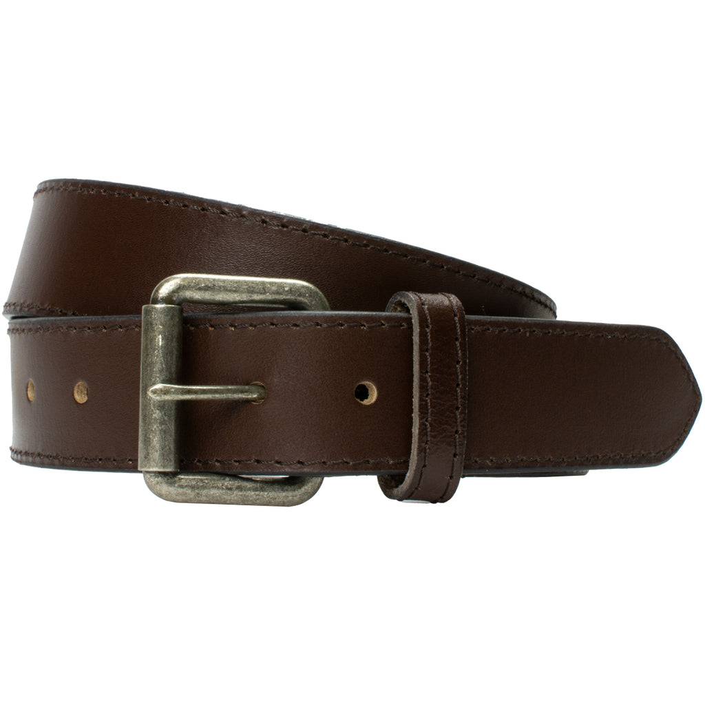 Outback Brown Leather Belt. Strap of one solid piece of leather with brown side stitching.
