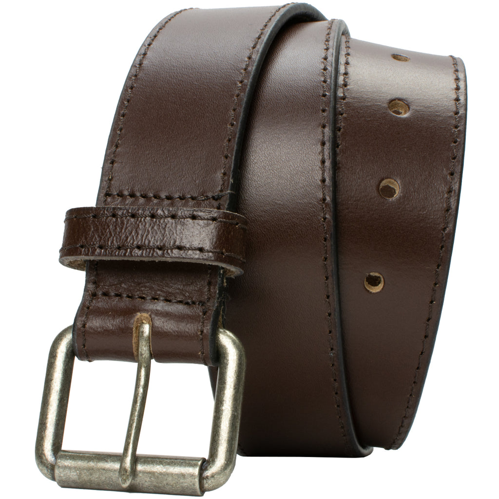 Outback Brown Leather Belt. Roller buckle stitched directly to strap; single prong.