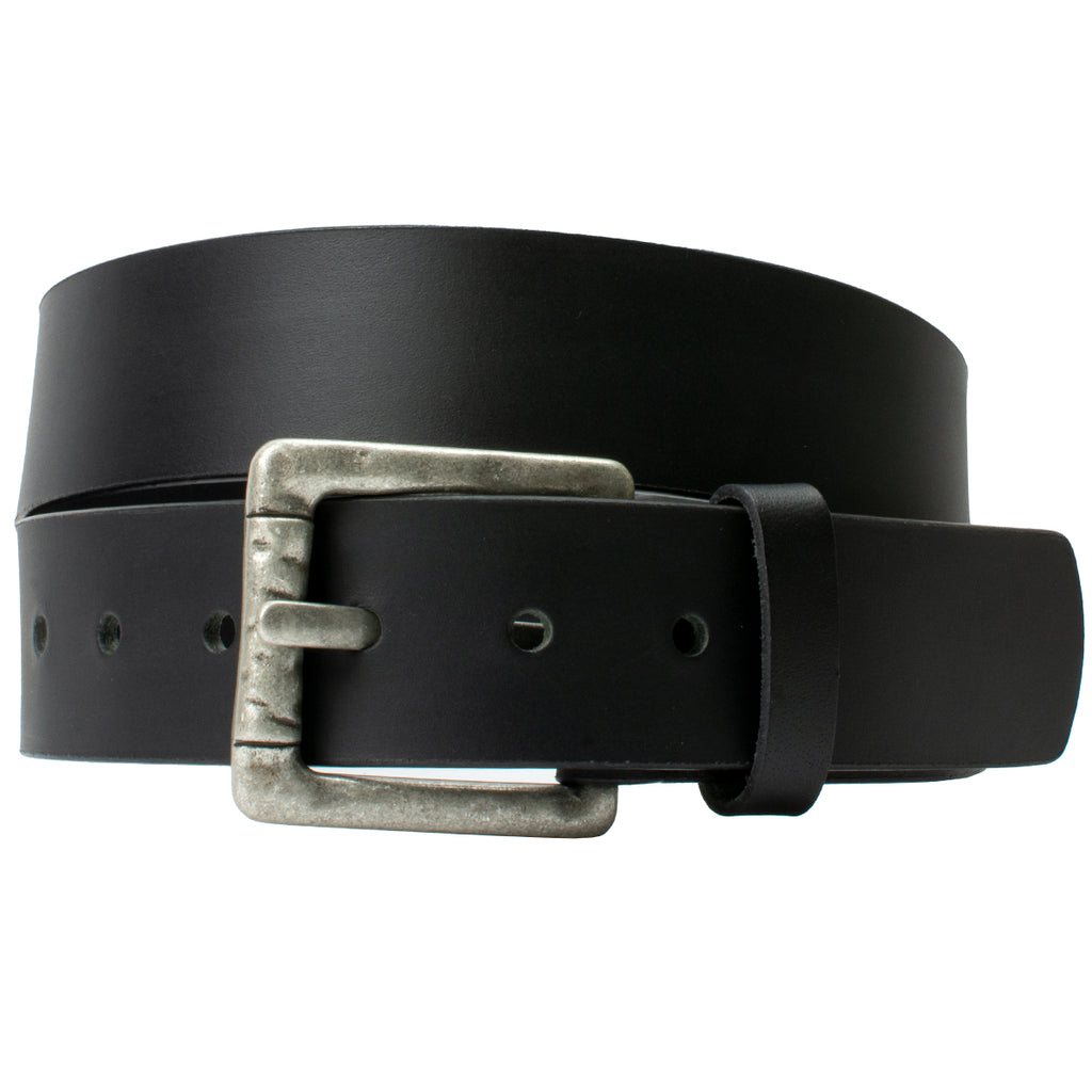 Pathfinder Black Leather Belt. Buckle is zinc alloy; antiqued finish; hammered appearance; oversize.