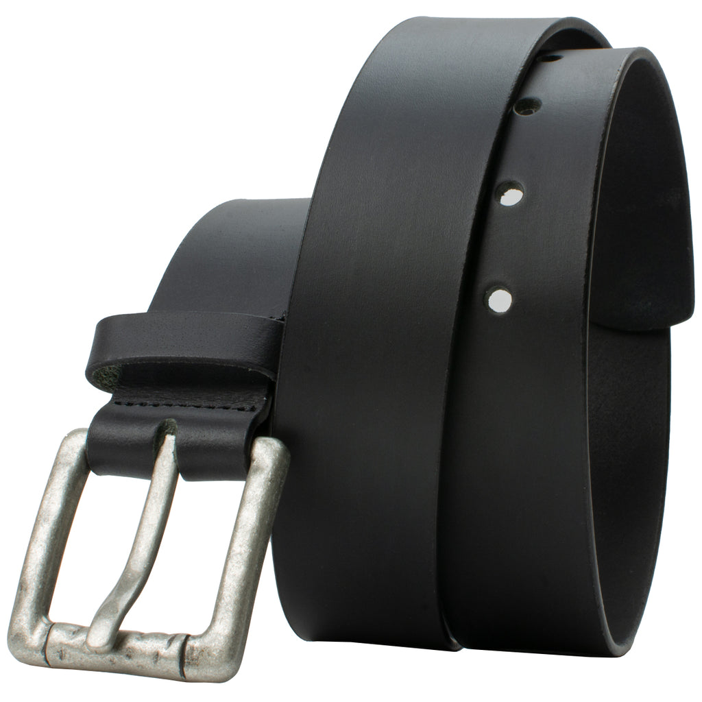 Pathfinder Black Leather Belt by Nickel Zero. Nickel free silver square buckle; black leather strap.