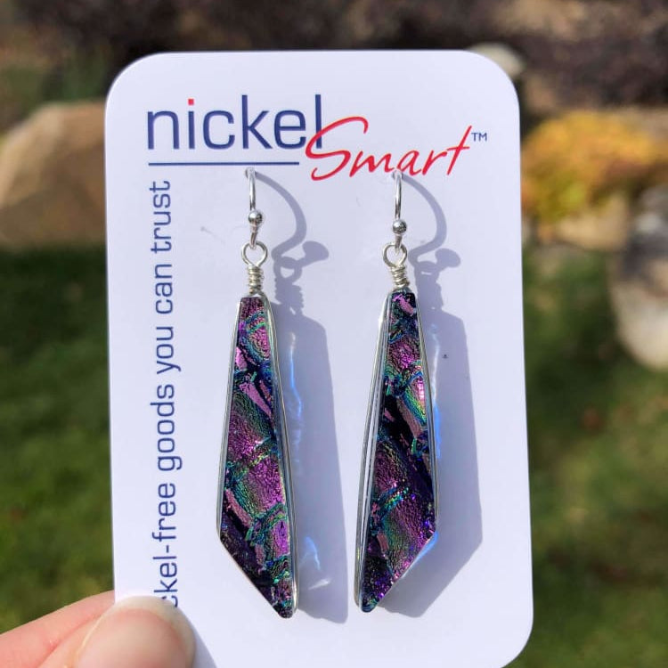 Queen Falls Earrings on Nickel Smart earring card. Some earrings highlight pink over purple.