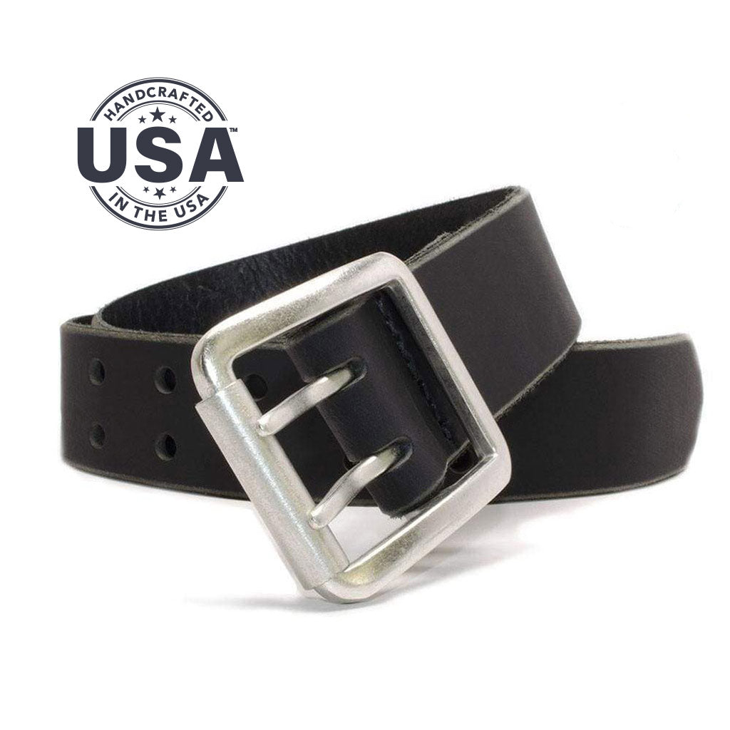 Ridgeline Trail Belt (black). Handcrafted in the USA. Double-pin buckle is stitched to strap.
