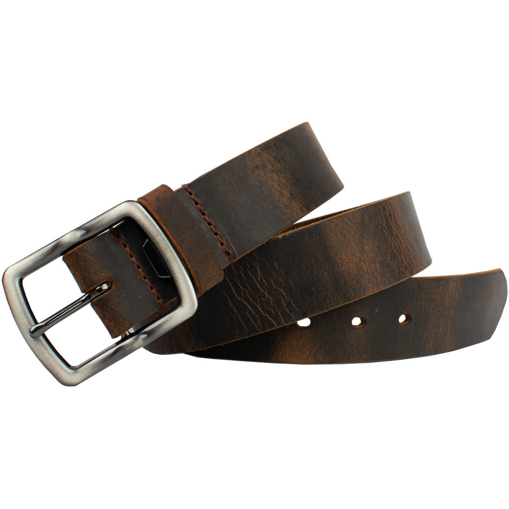 Rocky River Distressed Brown Belt. Zinc alloy buckle stitched to solid strap of full grain leather.