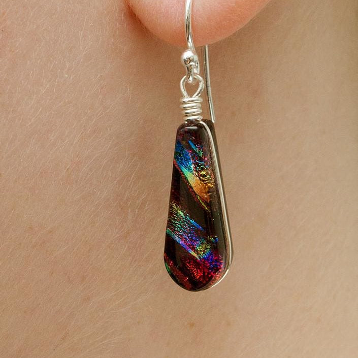 Sunburst Falls Earrings - Rainbow Red on model. Drop earrings dangle approximately 1 inch (25mm).