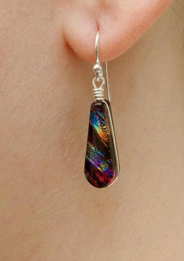 Sunburst Falls Earrings - Rainbow Red on model. Drop earrings dangle approximately 1 inch (25mm).