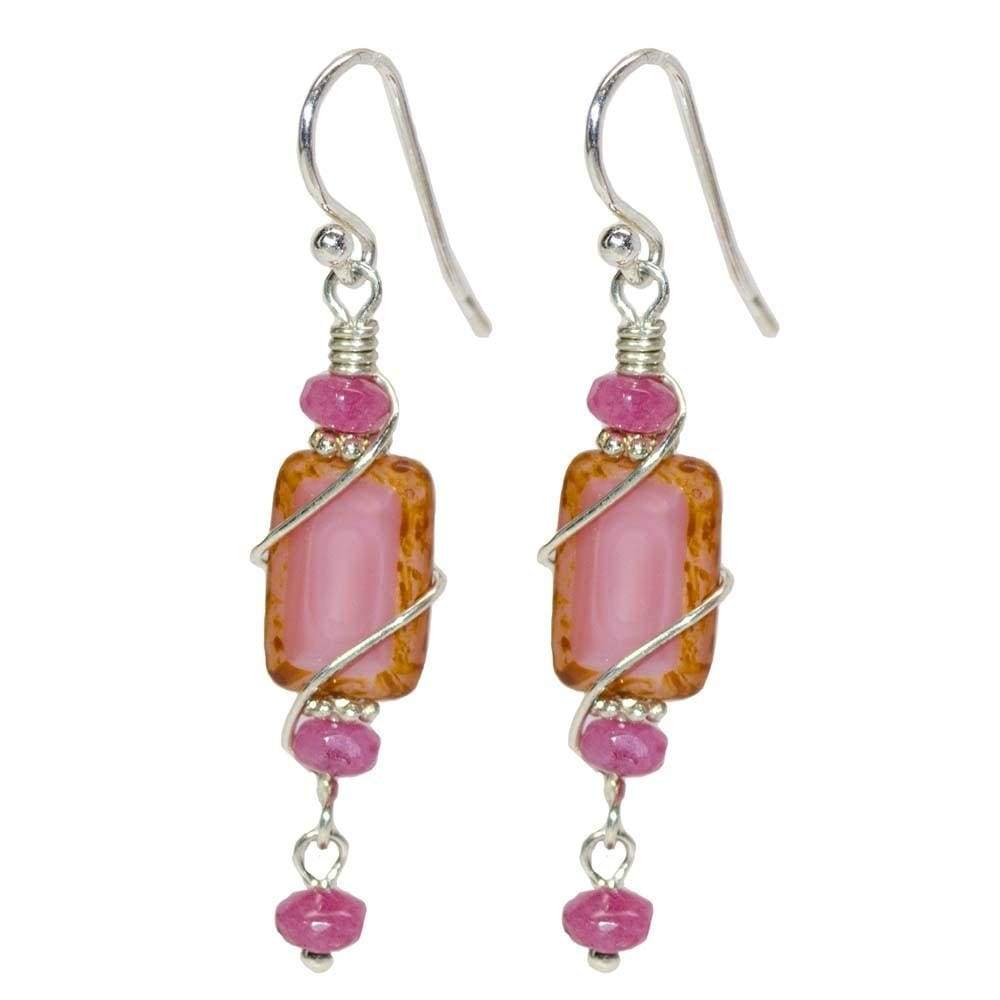 Sunset Beach Earrings by Nickel Smart. Peach glass oval stacked between 2 beads; 1 dangling bead.