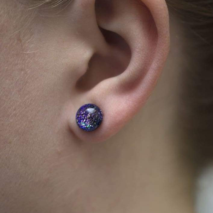 Supernova Earrings on model. Studs are smaller than earlobes, approximately 4-6mm. No rash!