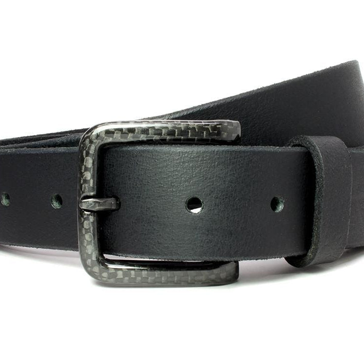 Specialist Black Belt. Solid sleek black strap with dyed black edges. Carbon fiber weave buckle.