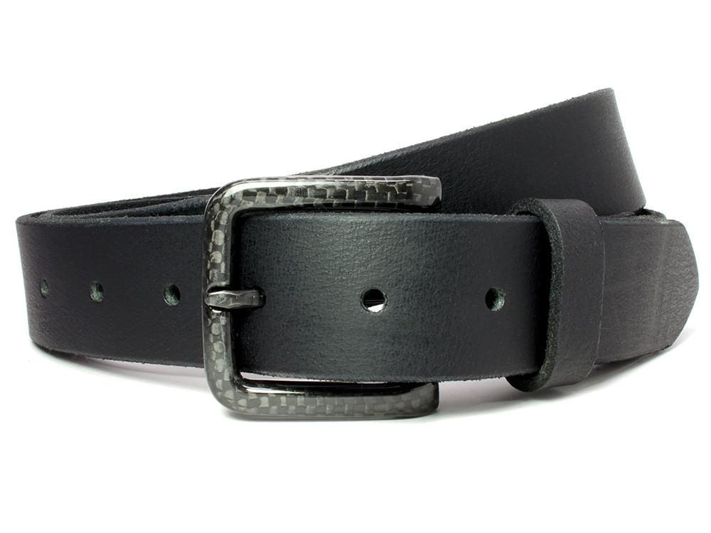 Specialist Black Belt. Solid sleek black strap with dyed black edges. Carbon fiber weave buckle.