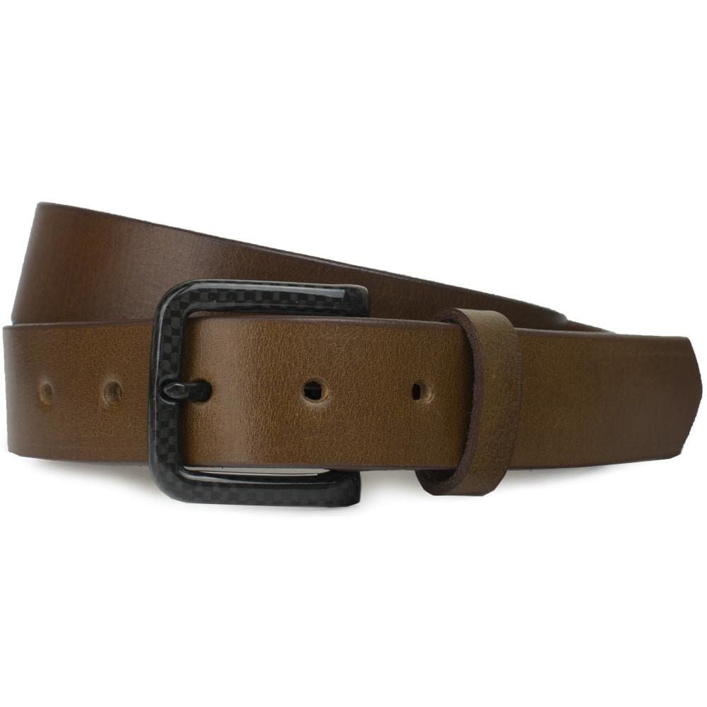 Specialist Brown Belt. Square black carbon fiber buckle with rounded corners; single prong.