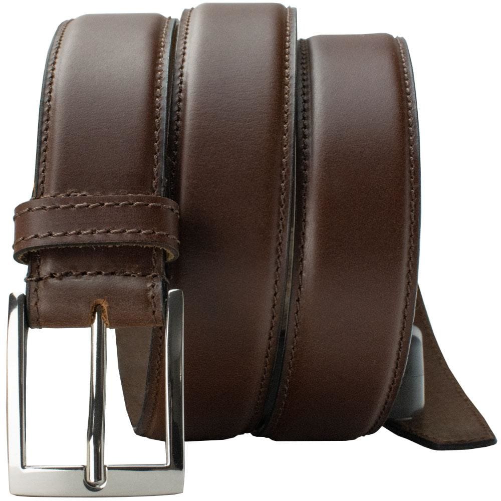 Uptown Brown Belt by Nickel Smart. Nickel-free zinc alloy dressy buckle on dark brown leather strap