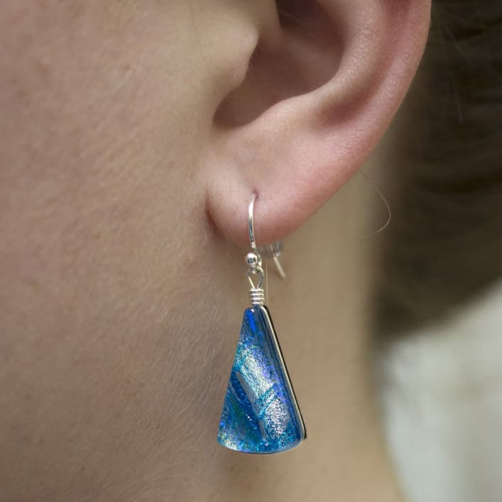 Window Waterfalls Earrings - Sea Blue on model. No rash! Approximately 1.5 inches or 38 mm long.