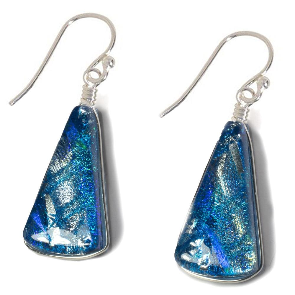 Window Waterfalls Earrings - Sea Blue by Nickel Smart. Triangular dichroic glass earring dangles.