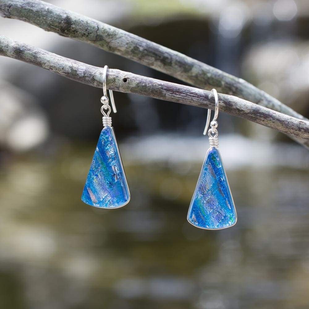 Window Waterfalls Earrings - Sea Blue. Outdoor setting highlights layers of blue colors. Nickel-free