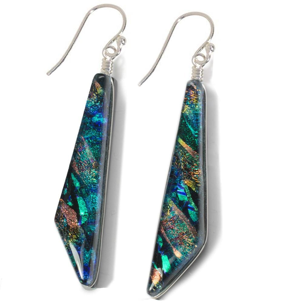 Wintergreen Falls Earrings by Nickel Smart. Long comet-shaped dichroic glass earrings in teals.