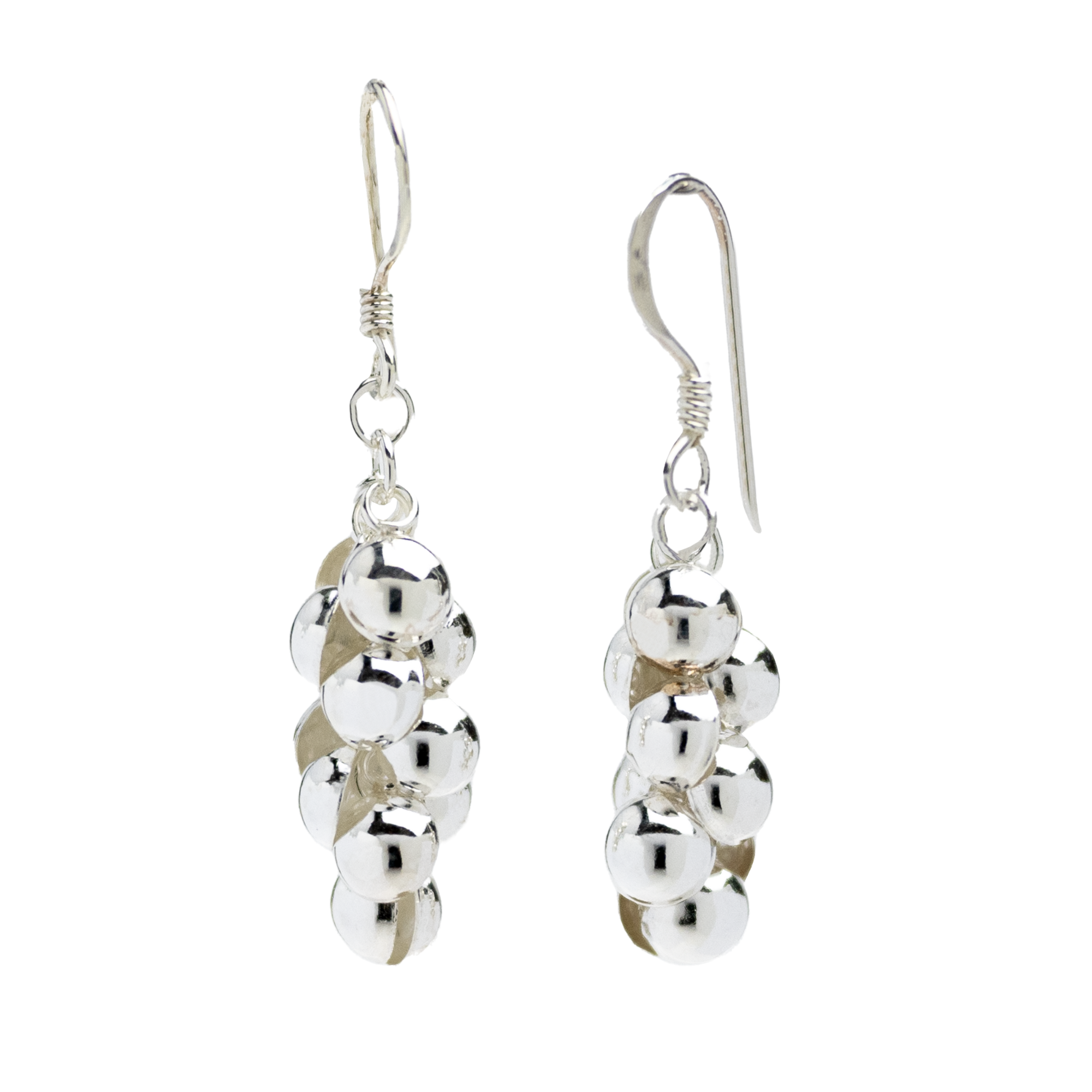 Jubilee Earrings: Bright silver dangle earrings with many half-spherical dangles.