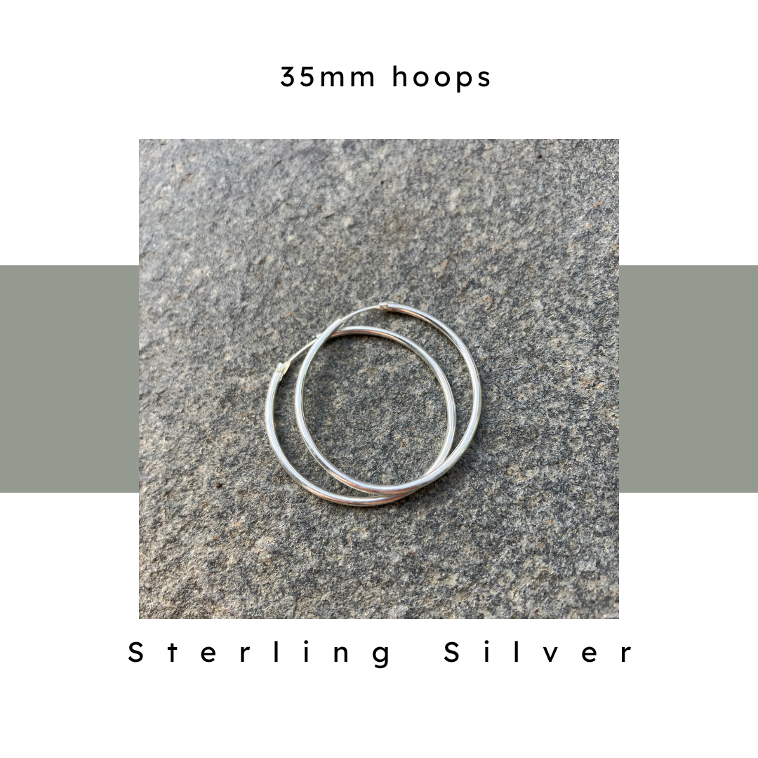 35 mm sterling silver hoop earrings with endless loop closure. 1.5 mm thick. Hypoallergenic