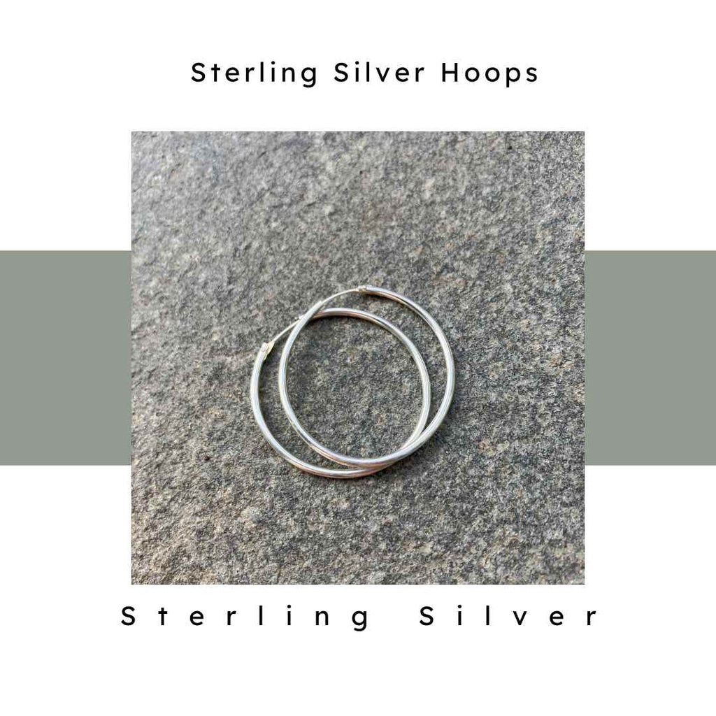 35 mm sterling silver hoop earrings with endless loop closure. 1.5 mm thick. Hypoallergenic