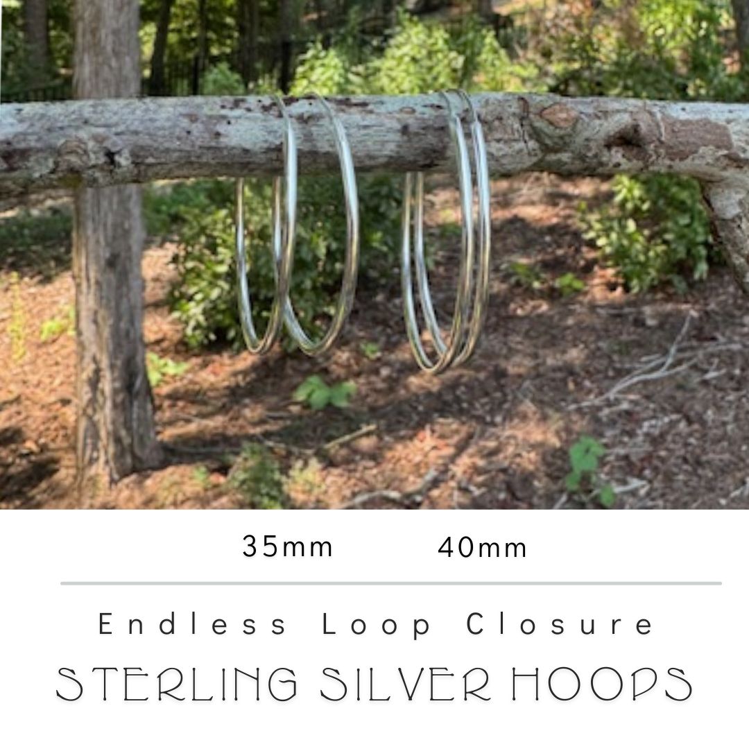 image for size reference between 35 mm and 40 mm sterling hoop earrings. Nickel Free