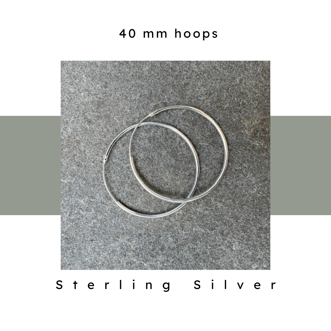 40 mm Sterling Silver Hoop Earrings. Nickel Free. Endless loop closure. Hypoallergenic 