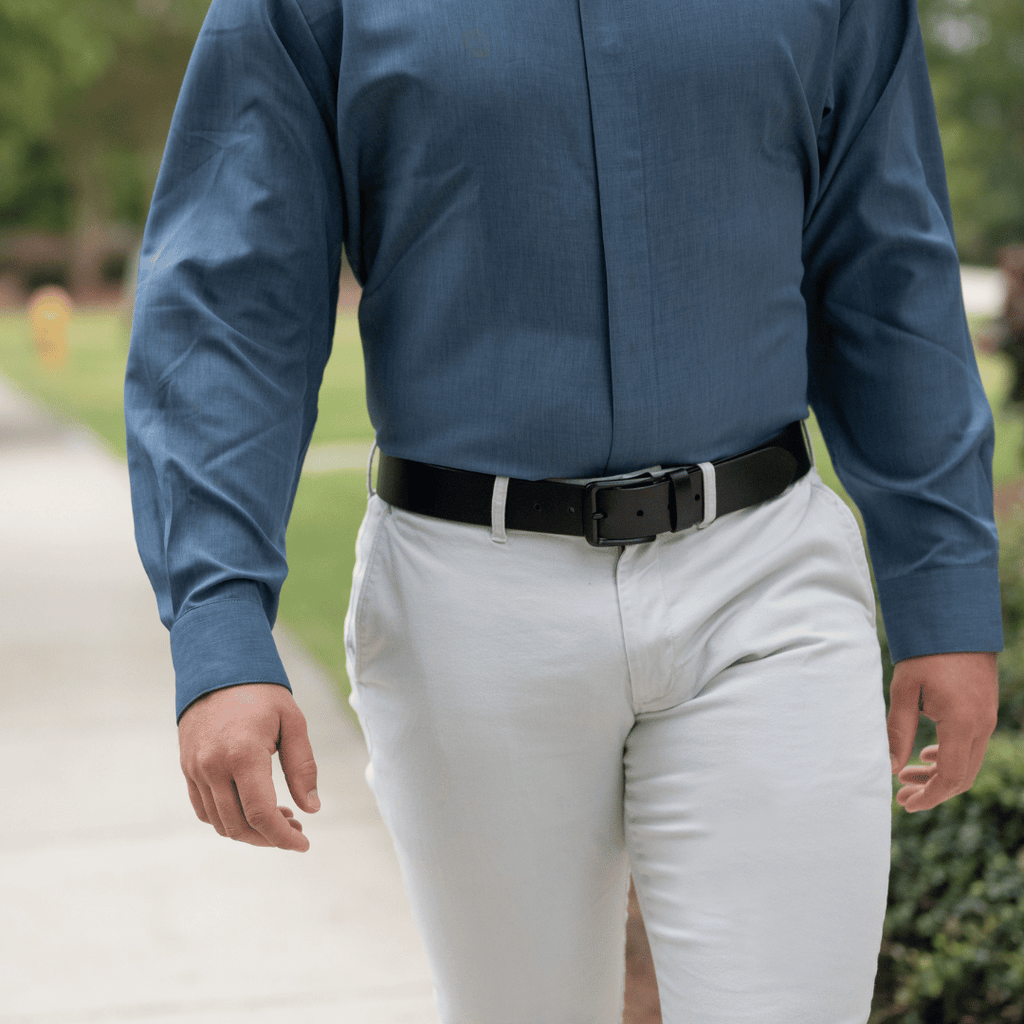 Image of Black Mountain Leather Belt on male model wearing khakis and dark blue shirt