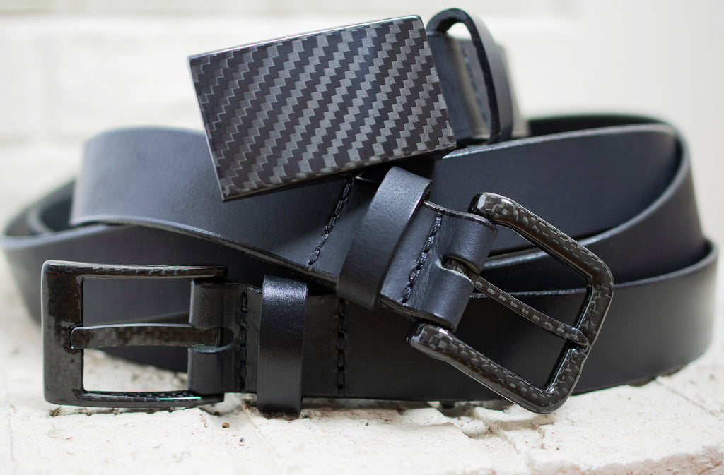 Image of 3 black leather belts with 3 different black carbon fiber buckles.  TSA Friendly. No Metal Belts