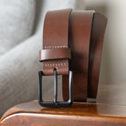 Cold Mountain Brown Leather Belt with matte black buckle. Nickel Free 1.5 inch