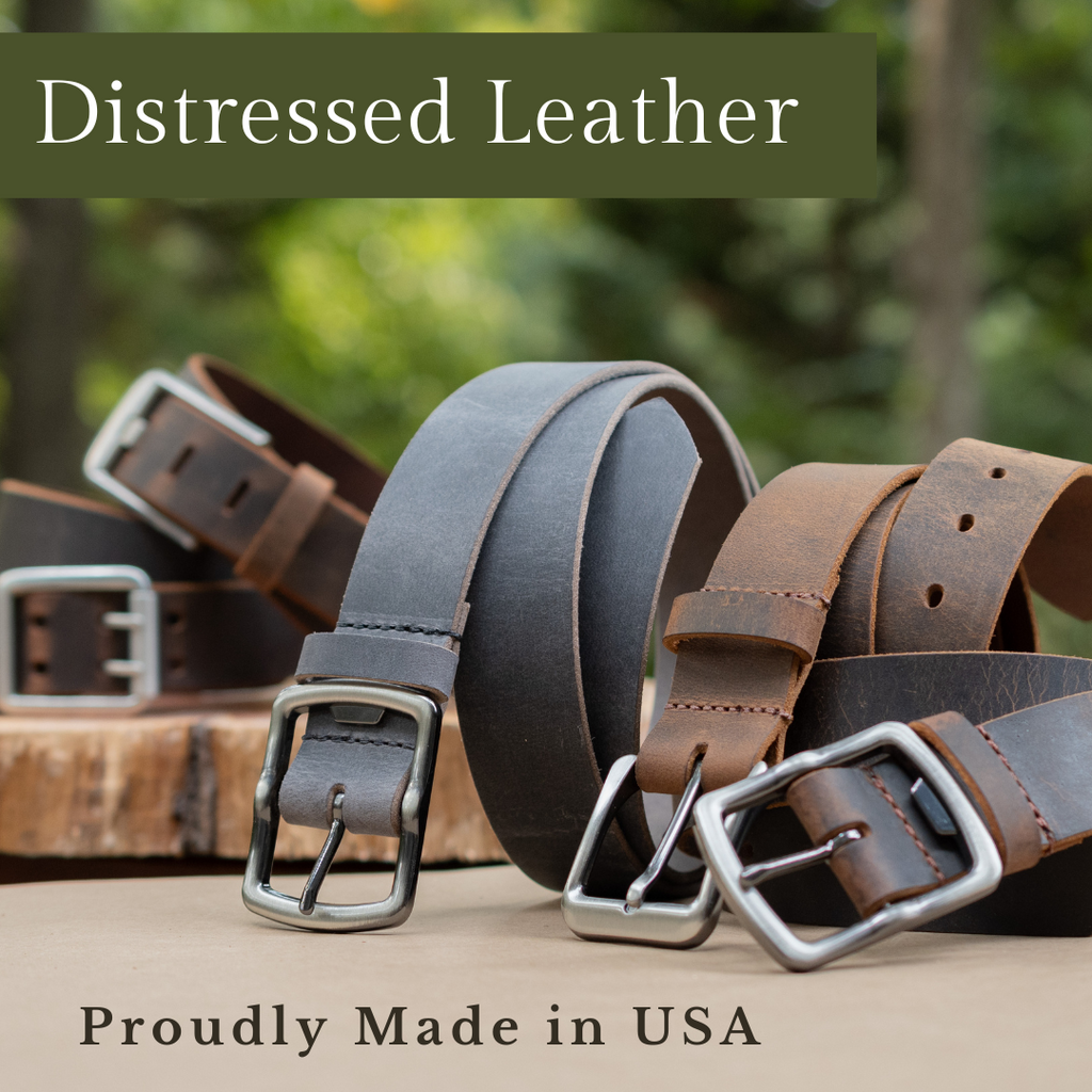 Image of 5 different full grain leather belts in brown and gray distressed leather.  All have nickel free silver buckles.